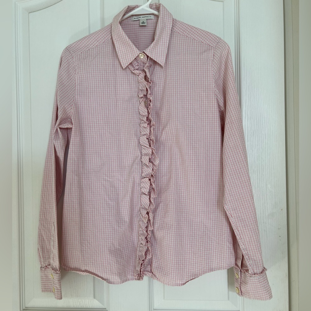 Banana Republic Pink and Blue Check Ruffle Front Button Down